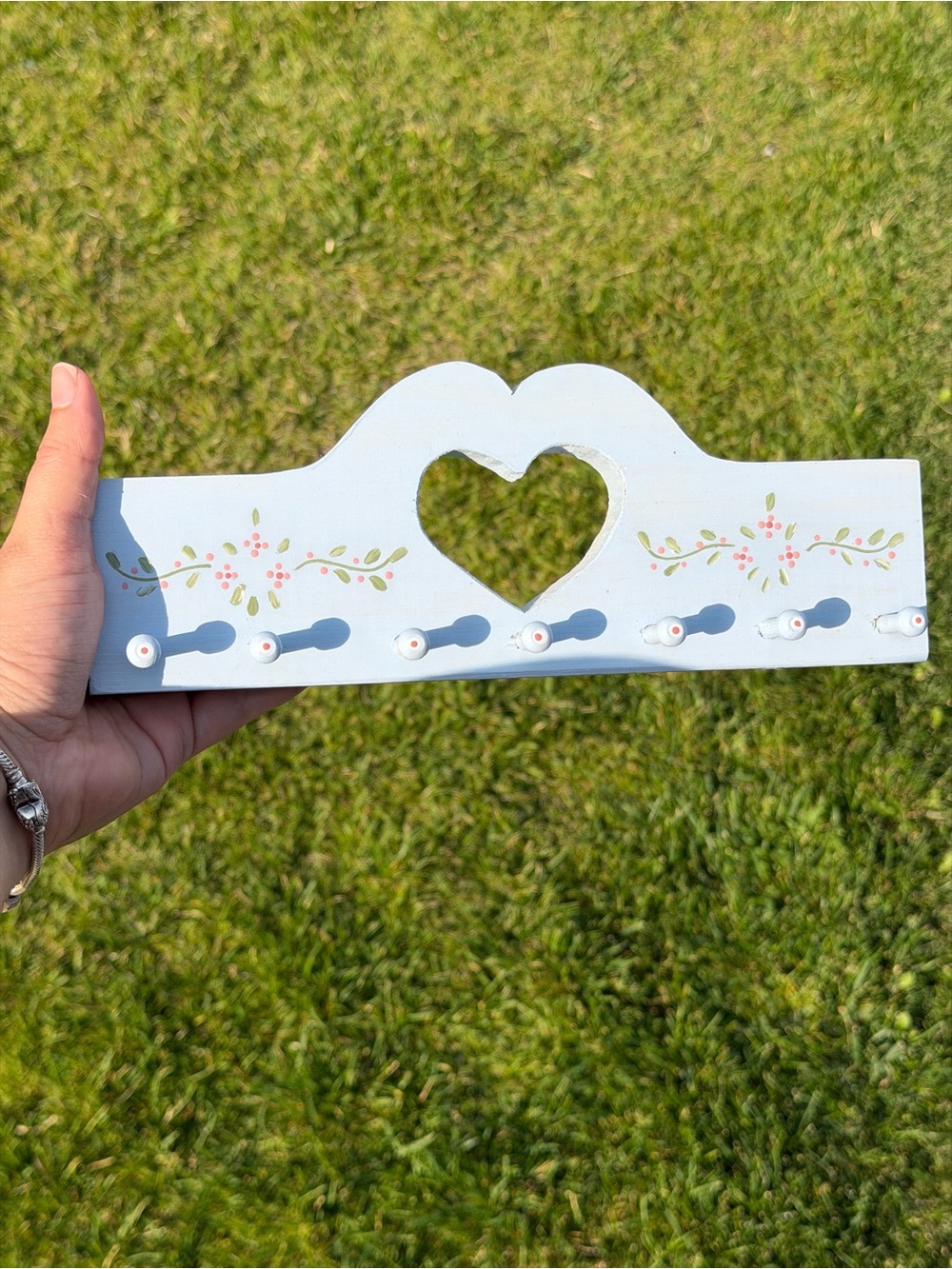 Blue painted wooden heart decor pegged shelf cottagecore farmhouse